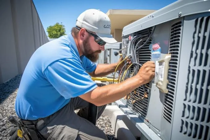 Technician checking a residential outdoor air-conditioning system