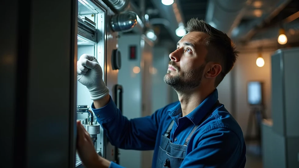 Technician examining indoor mechanical equipment and controls