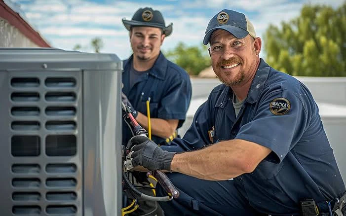 Two technicians servicing an outdoor air-conditioning condenser