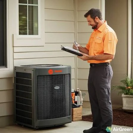 Technician recording an inspection beside a home air-conditioning unit
