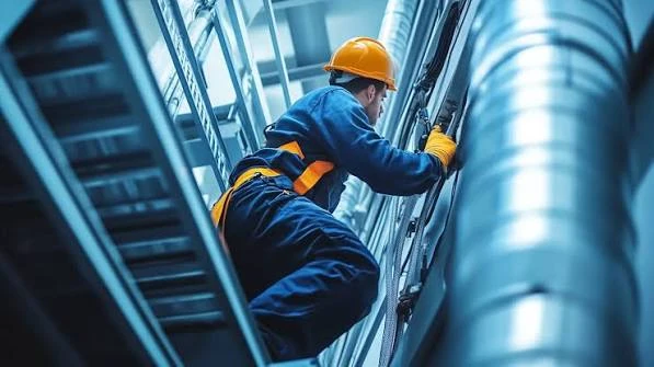 Technician working beside metal ventilation ducts