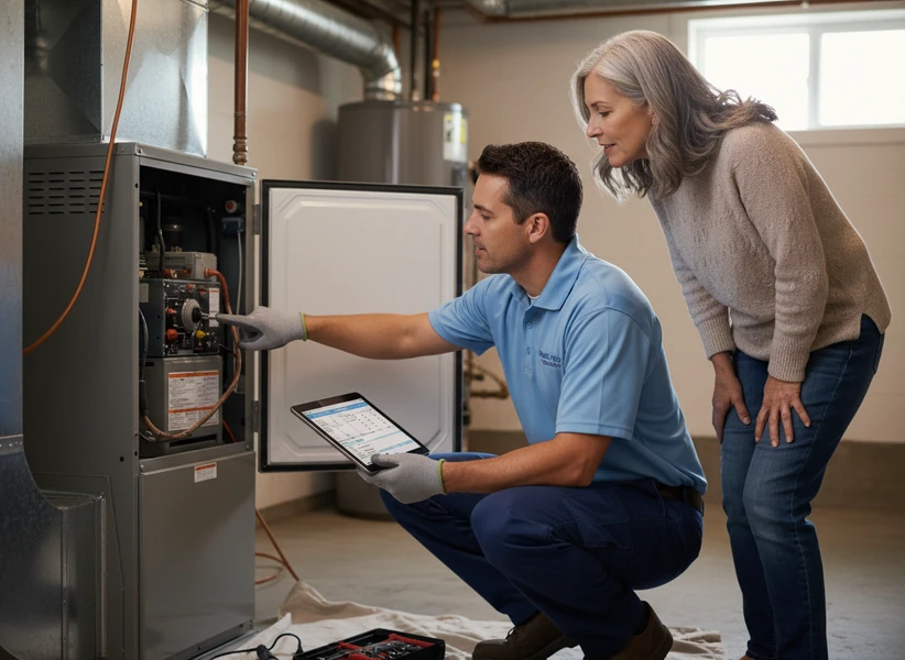 Technician discussing a furnace inspection with a homeowner